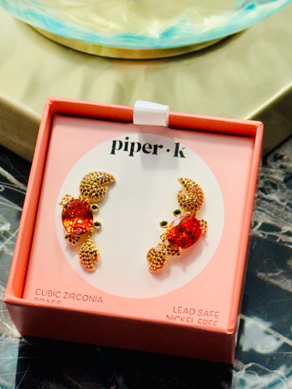 NWT Piper.K Gold Crab Earrings with Bright Orange Gems
